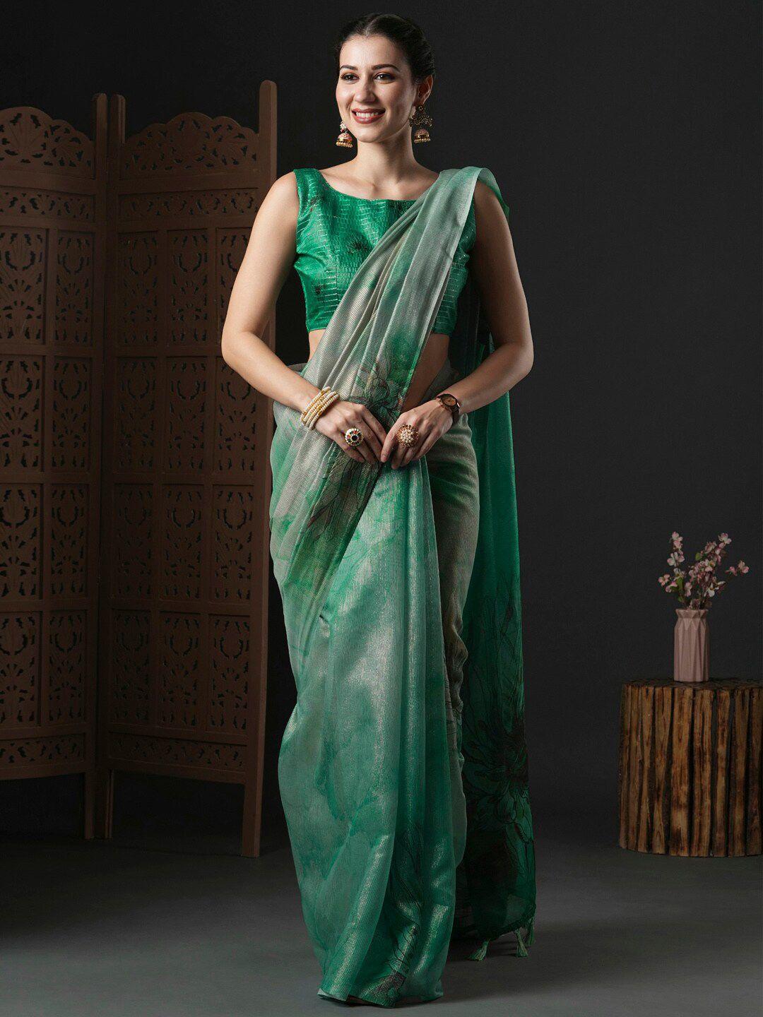 anouk green & black floral printed organza saree