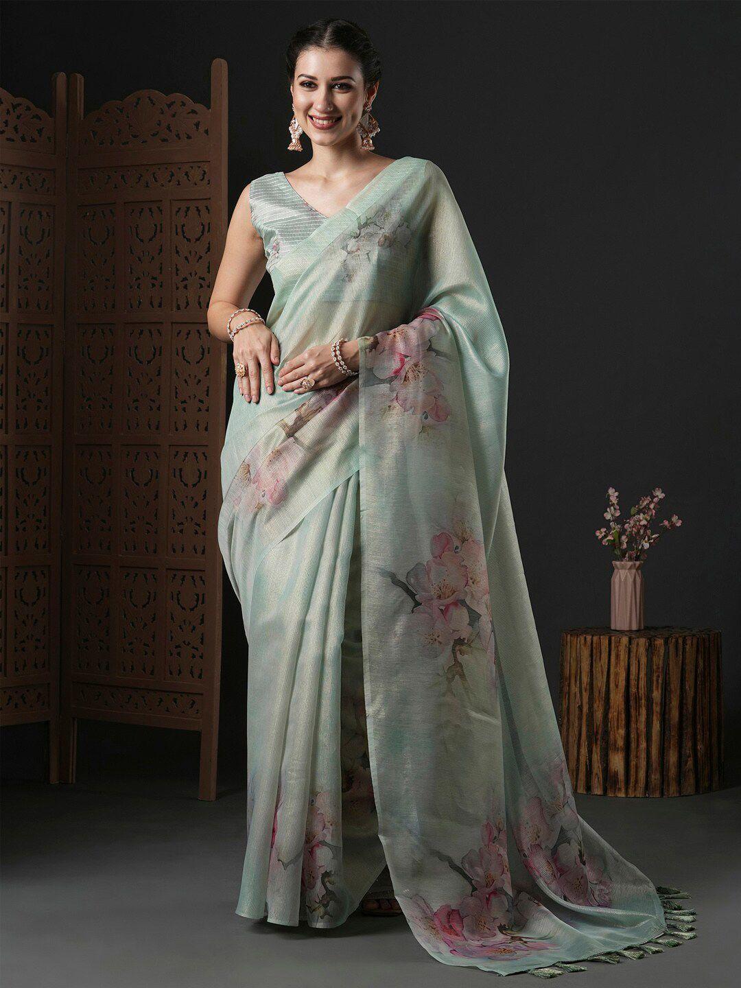 anouk sea green & pink floral printed organza saree