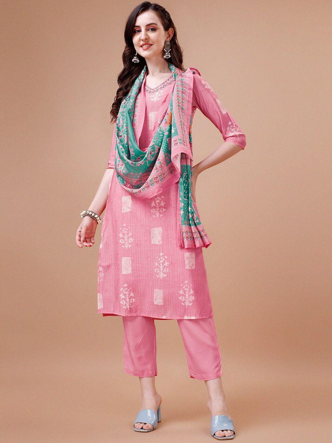 seerat ethnic motifs printed thread work pure cotton straight kurta & trousers & dupatta