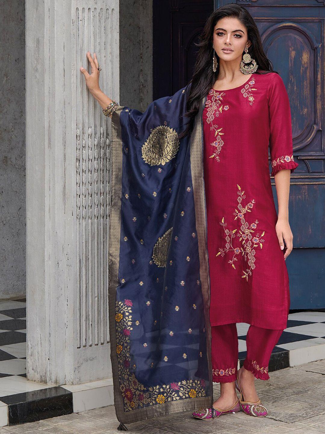 vredevogel floral embroidered thread work straight kurta & trousers with dupatta