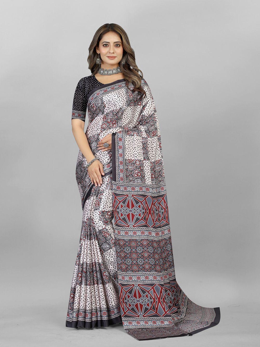 anouk white & red floral printed saree