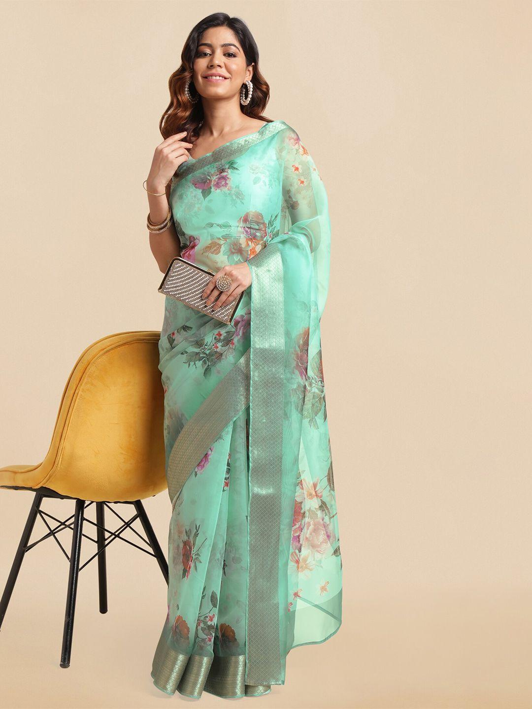 mirchi fashion floral printed zari organza saree