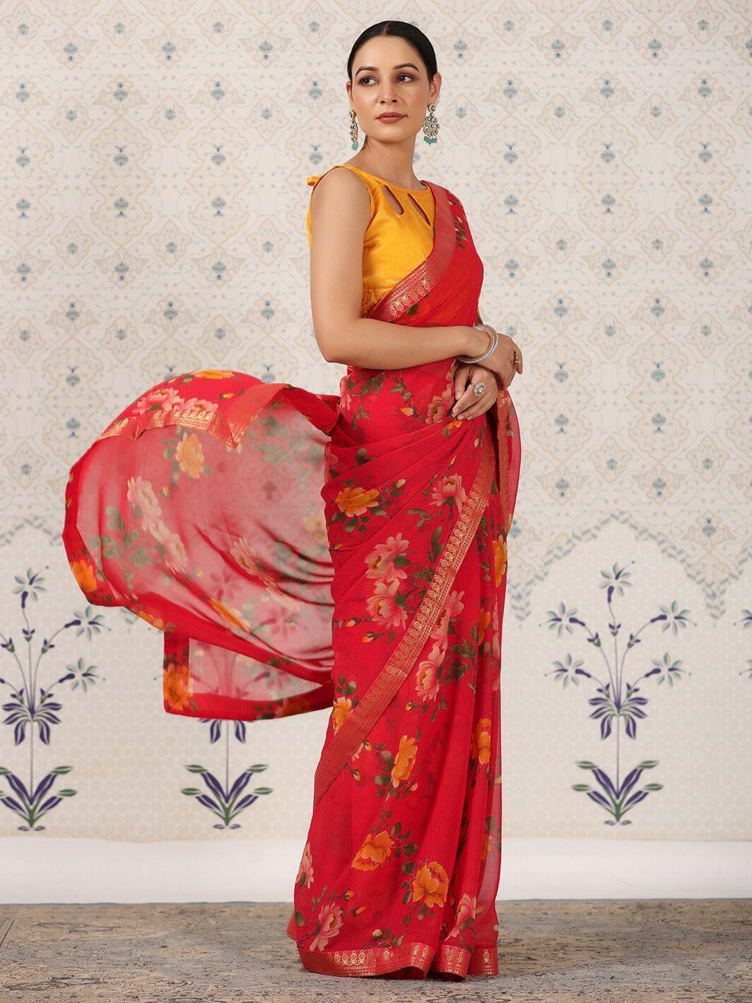 ode by house of pataudi red & yellow floral printed zari poly georgette saree