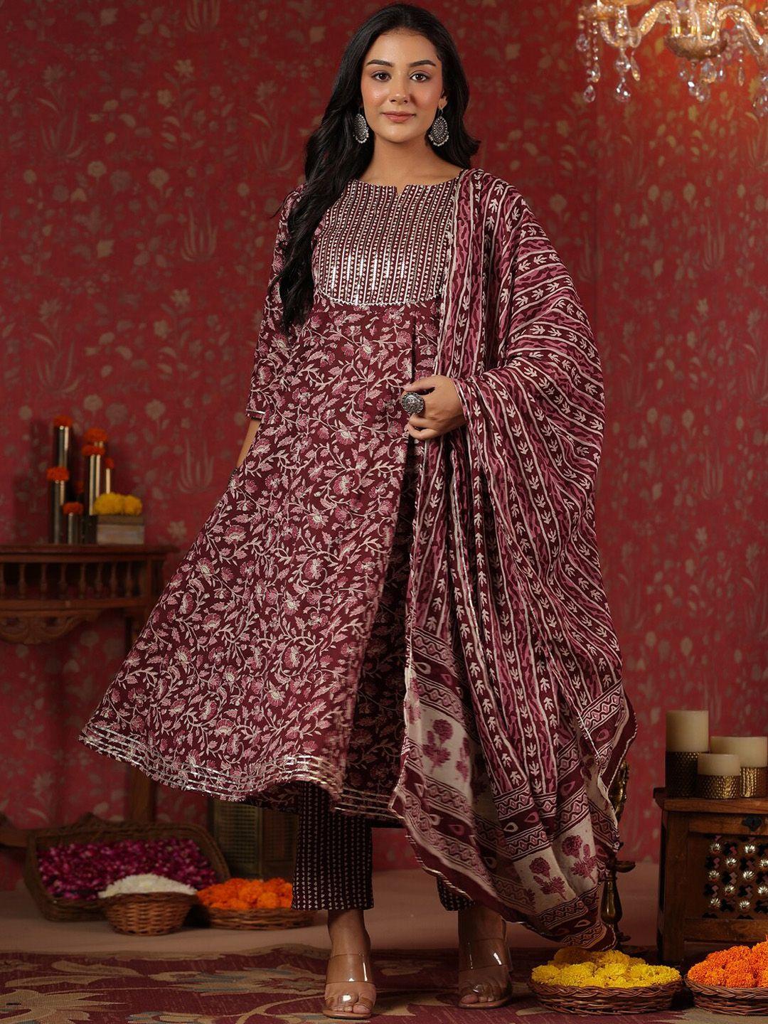 ishin floral printed sequinned pure cotton anarkali kurta with trousers & dupatta