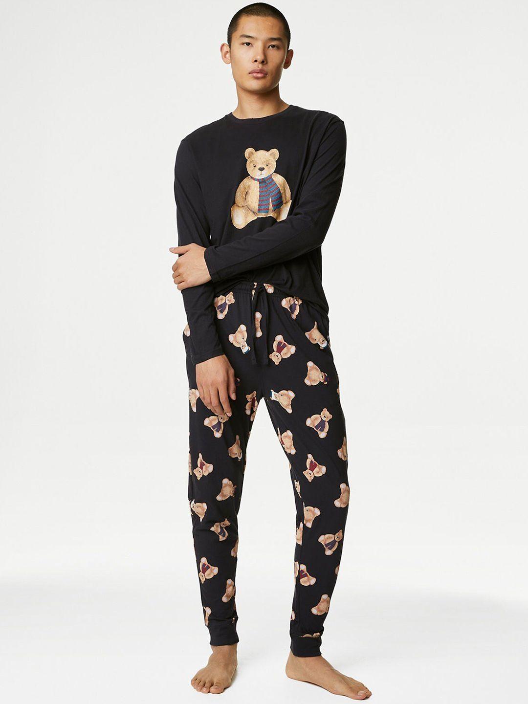 marks & spencer graphic printed long sleeves pure cotton t-shirt & lounge pants