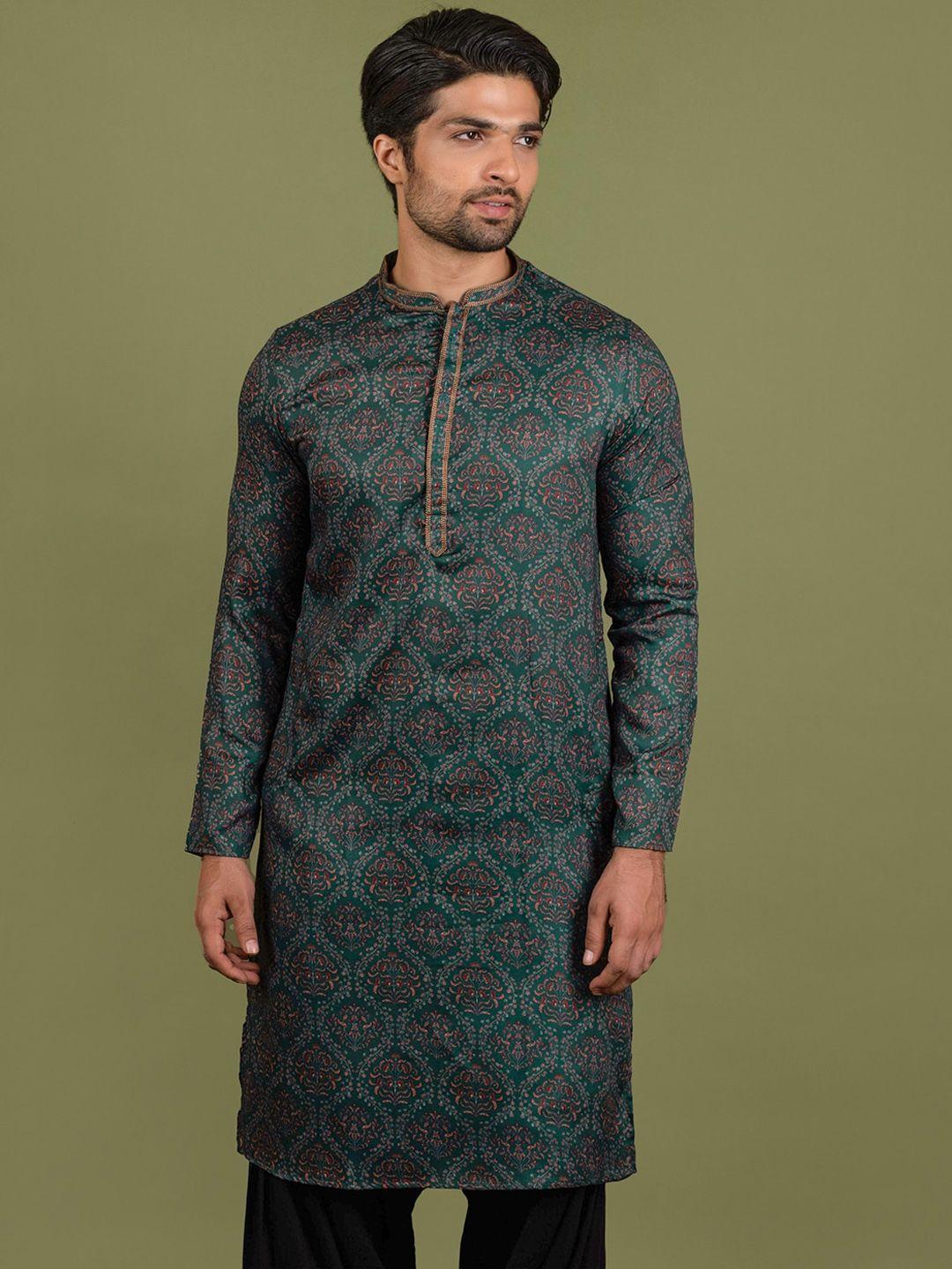 kisah men black geometric embellished thread work kurta