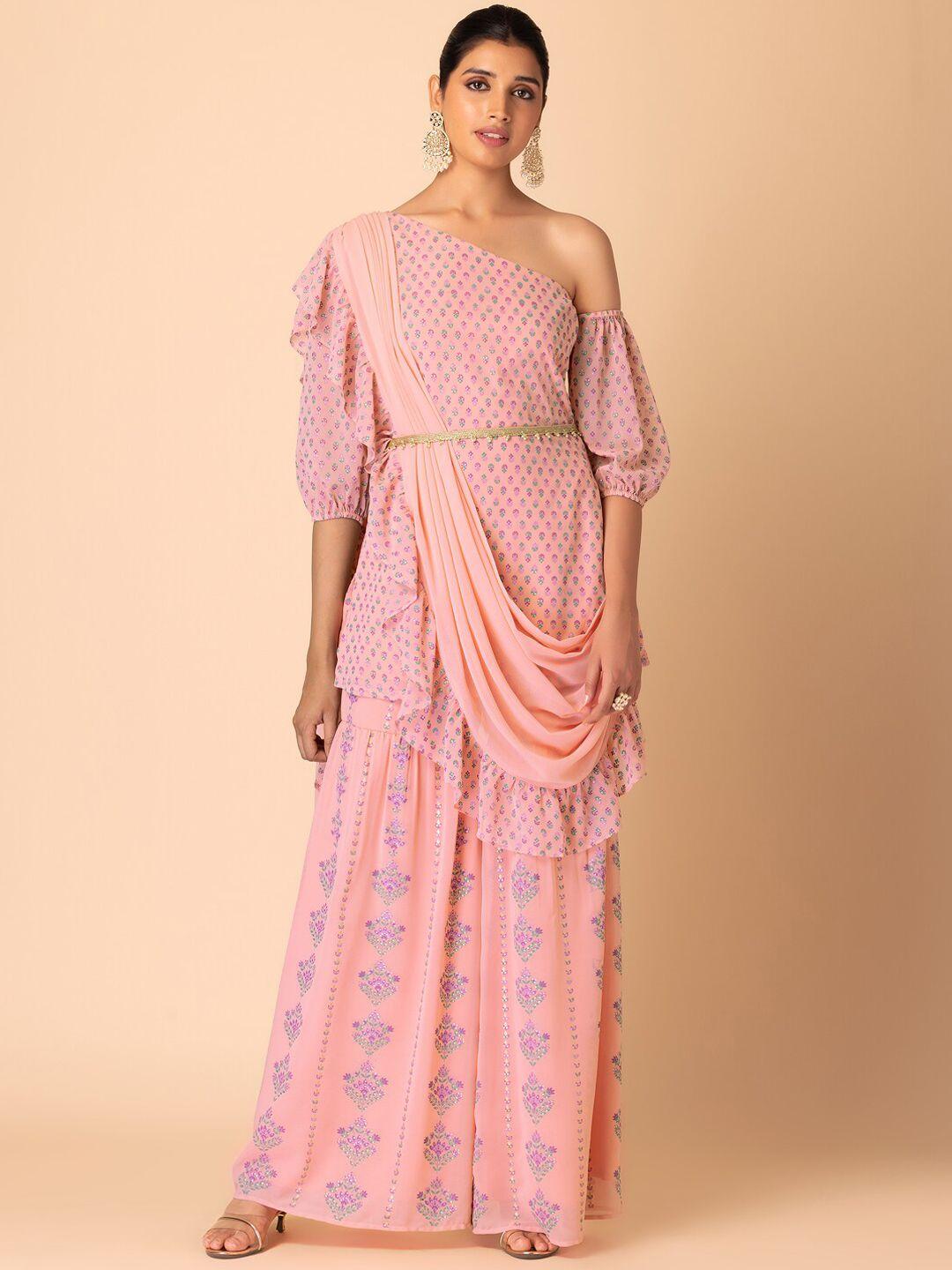 indya floral printed one shoulder georgette kurti & sharara with attached dupatta and belt