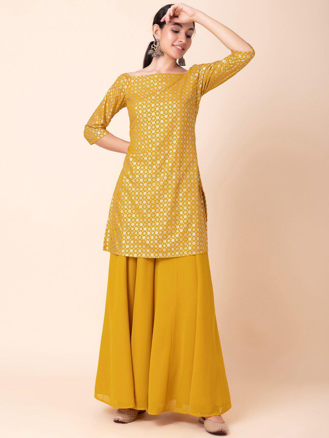 indya ethnic motifs foil printed off shoulder kurti with sharara