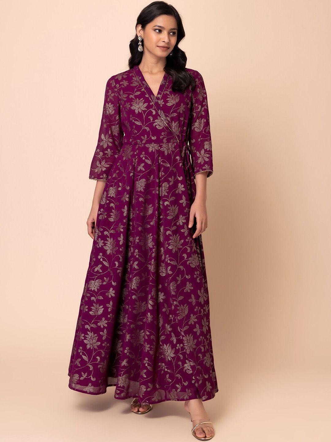 indya floral printed v-neck gathered georgette maxi ethnic dress