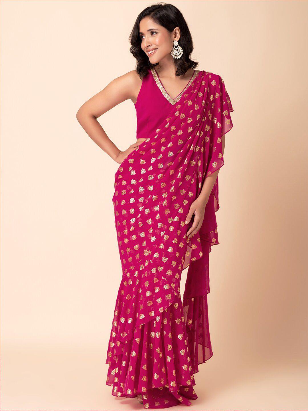 indya ethnic printed ready to wear stitched ruffled saree