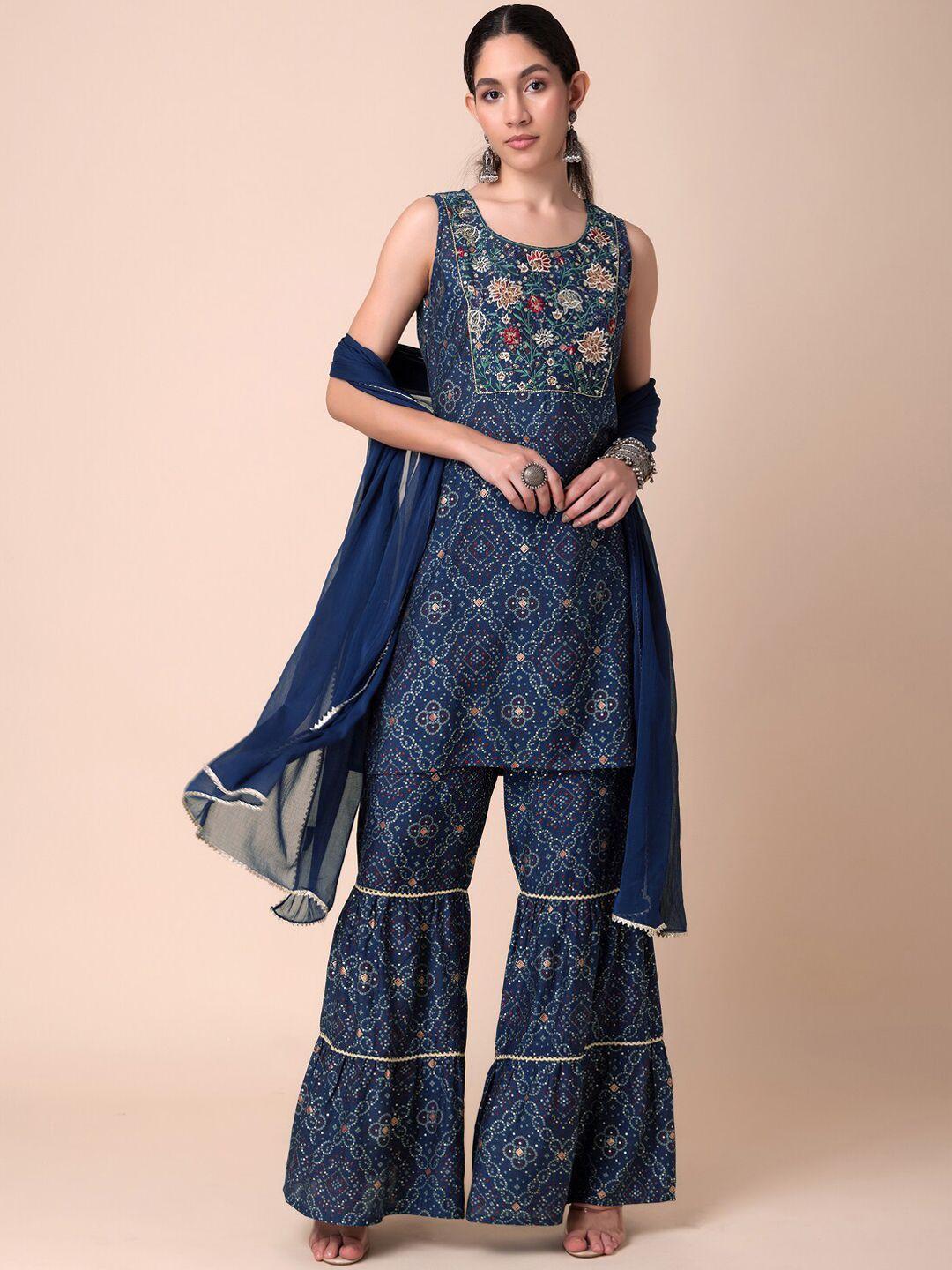 indya bandhani printed thread work kurta with sharara and dupatta