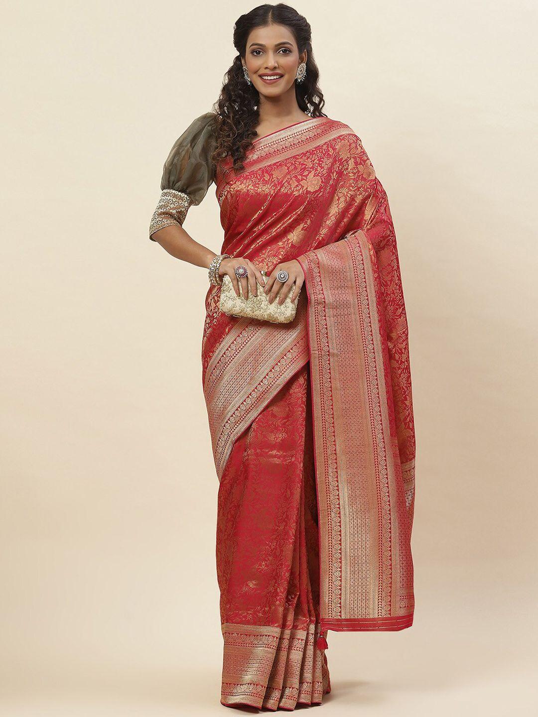 meena bazaar floral woven designed zari satin saree