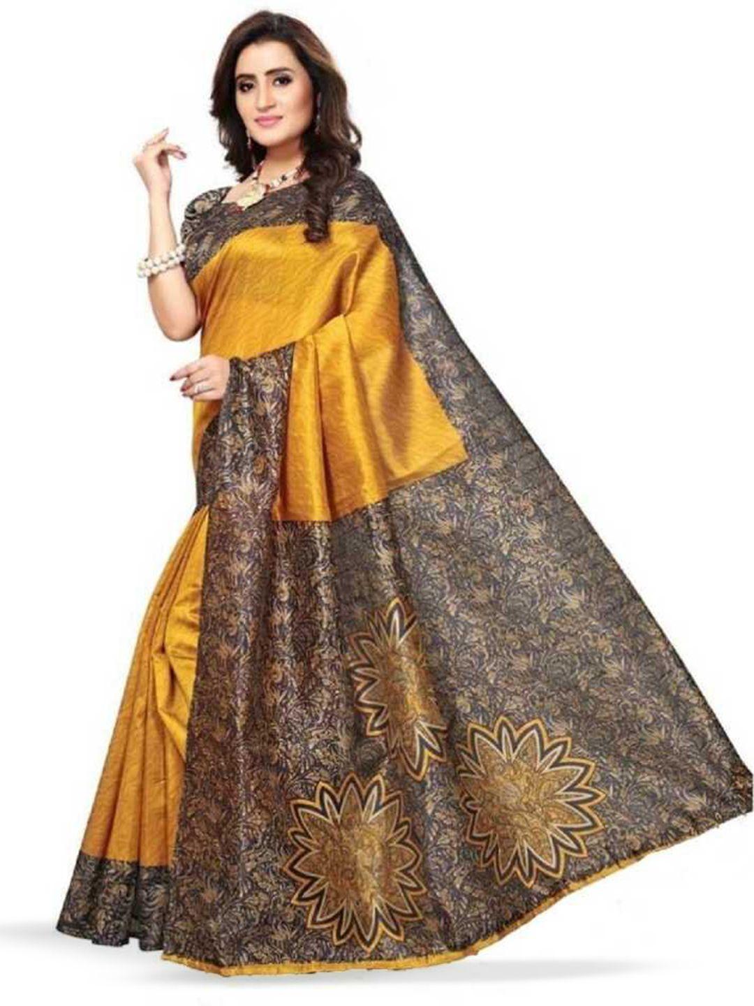 mitera orange & brown geometric printed art silk banarasi saree