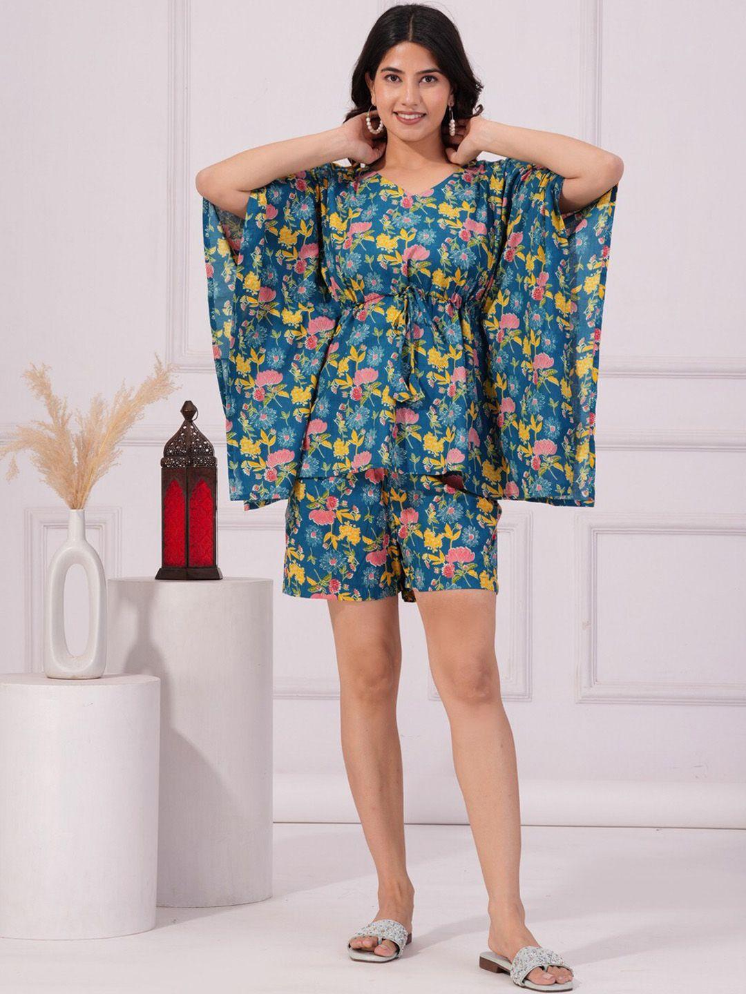 vastralay floral printed pure cotton kaftan tunic with flared short