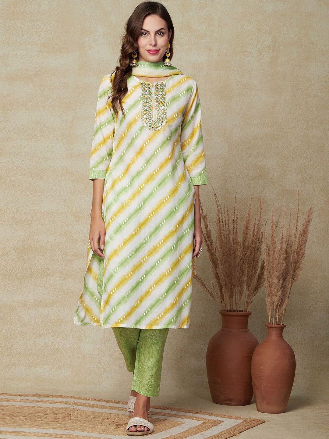 fashor leheriya printed regular mirror work pure cotton kurta with trousers & dupatta