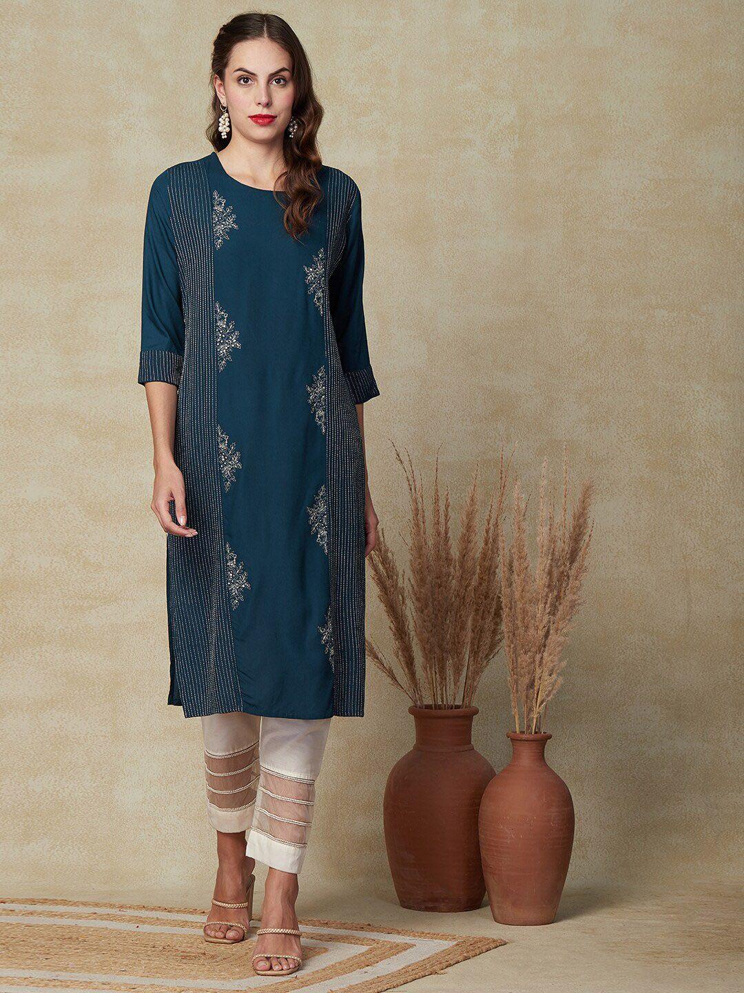 fashor ethnic motifs embroidered three-quarter sleeve sequins kurta