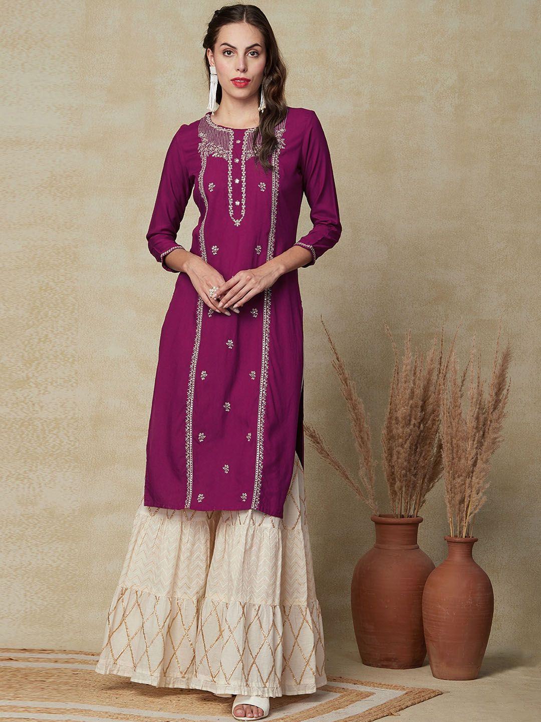 fashor ethnic motifs embroidered three-quarter sleeve sequins kurta