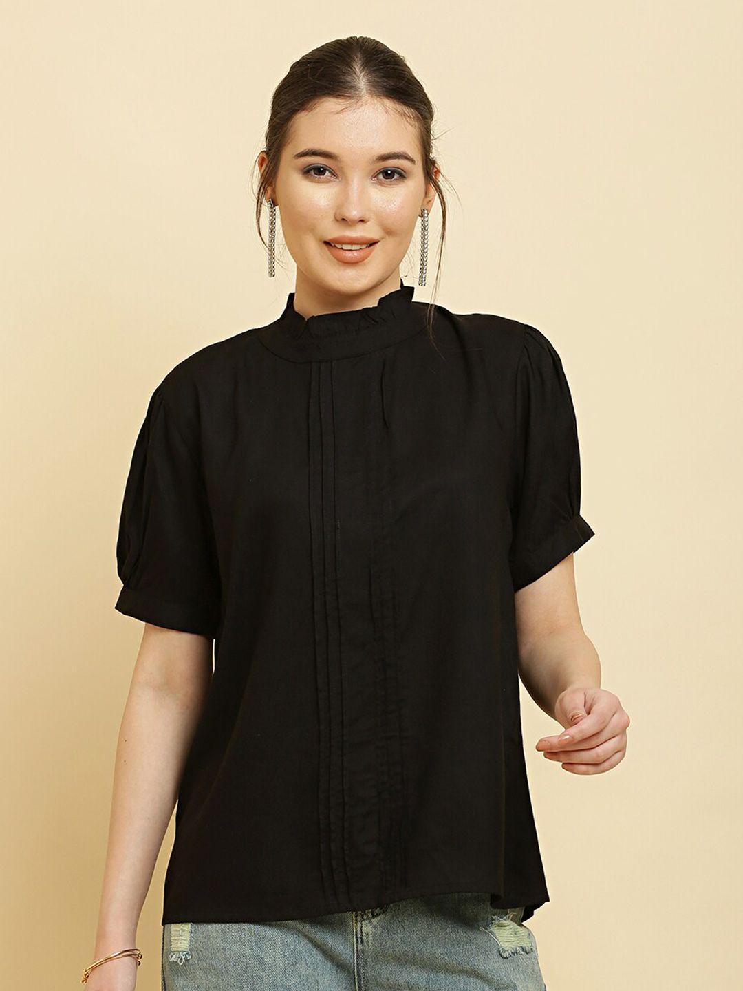 here&now black high neck pleated puff sleeves top