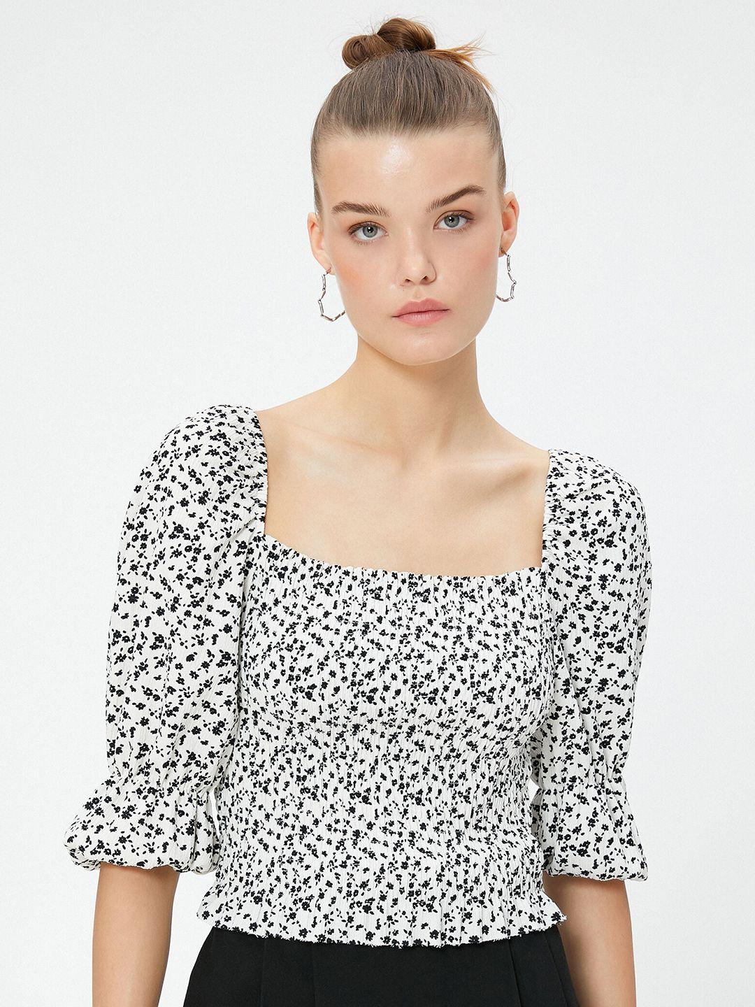 koton floral printed square neck puff sleeves smocked fitted crop top