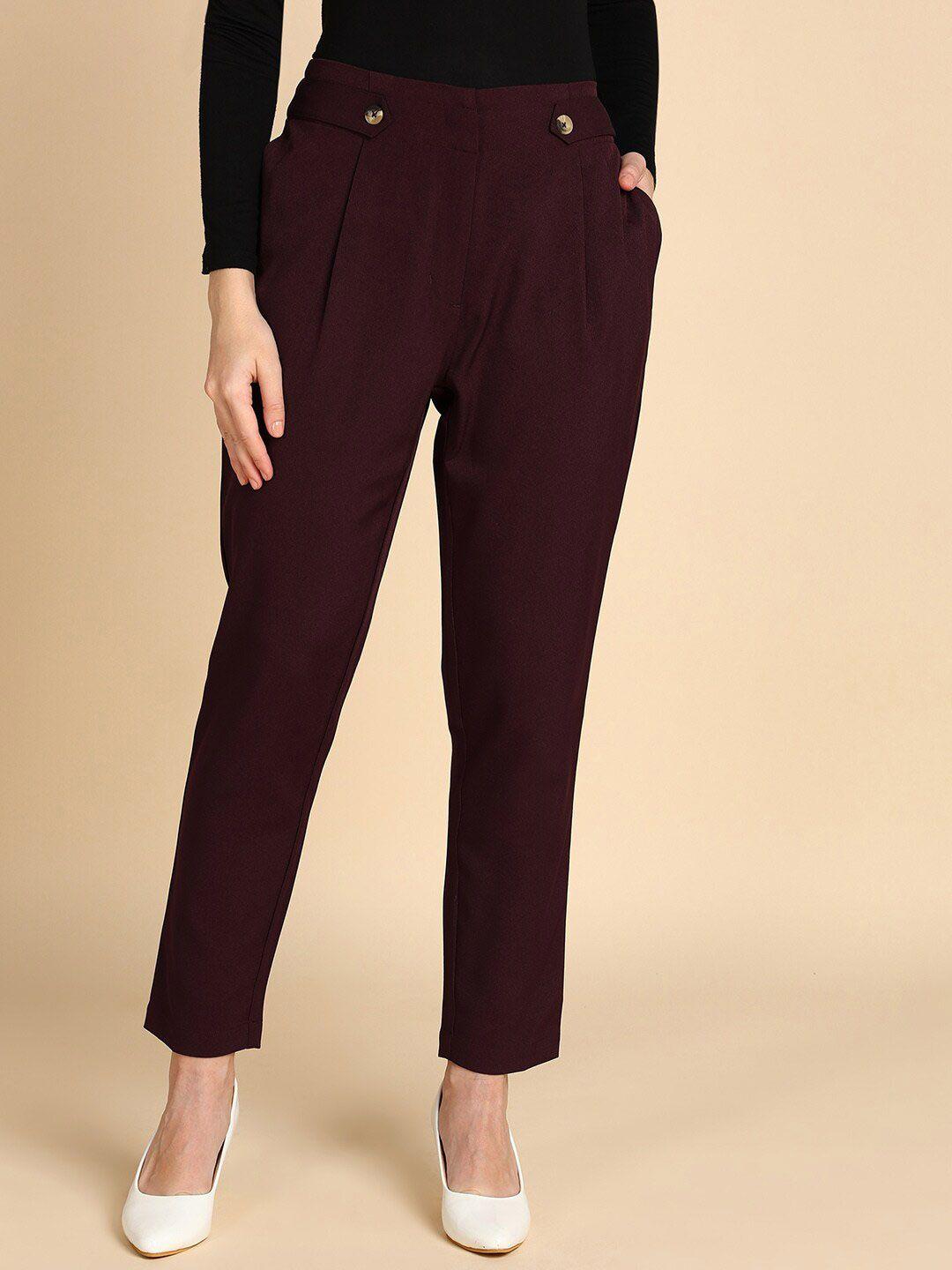 mast & harbour women smart maroon slim fit high-rise pleated trousers