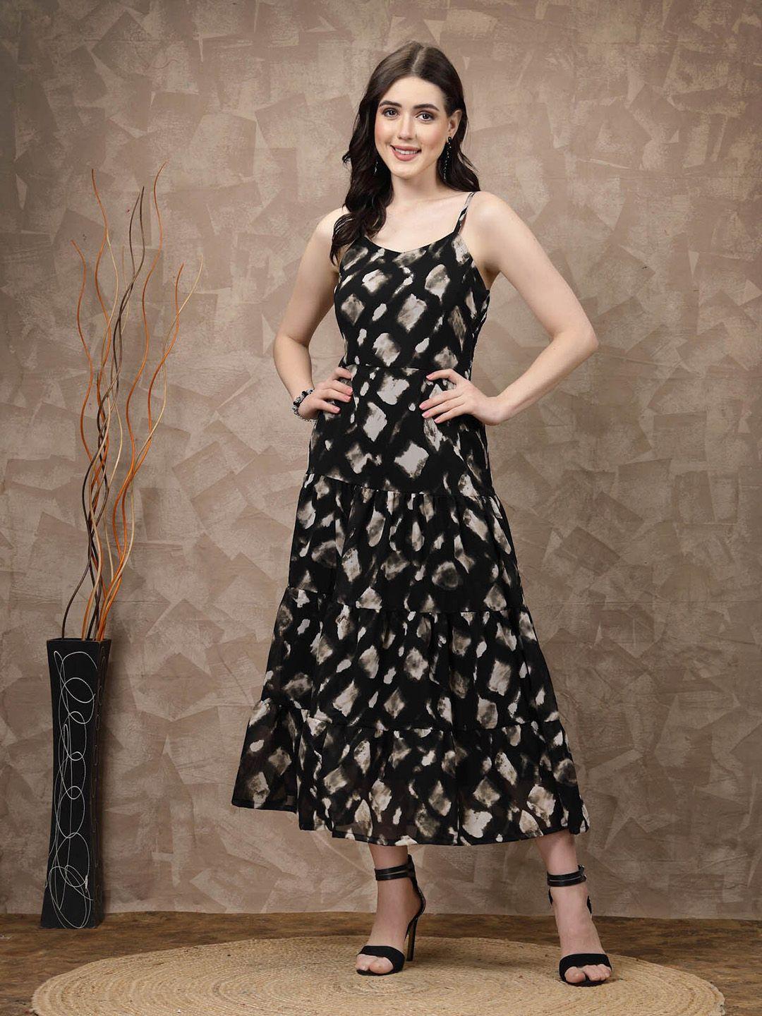 pluss black abstract printed shoulder straps gathered tiered a-line maxi dress