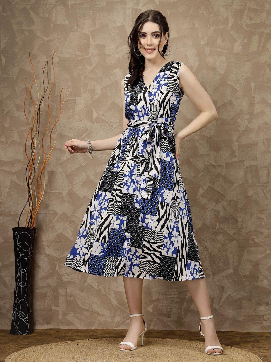 pluss blue floral printed a-line midi dress