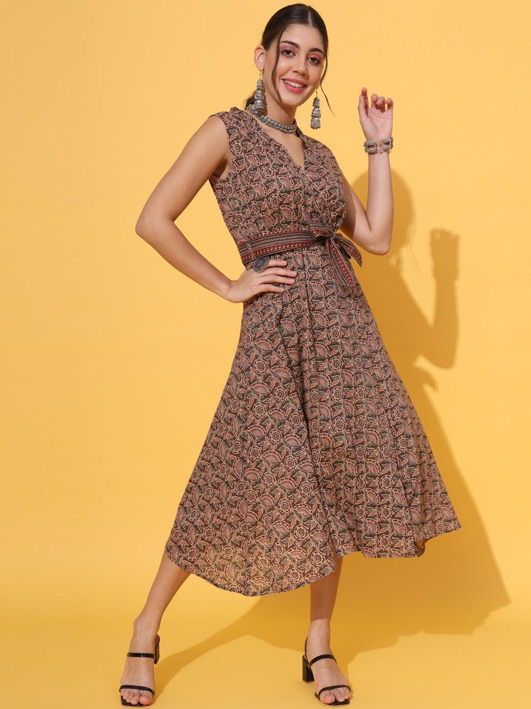 deckedup floral printed v-neck belted cotton a-line midi dress