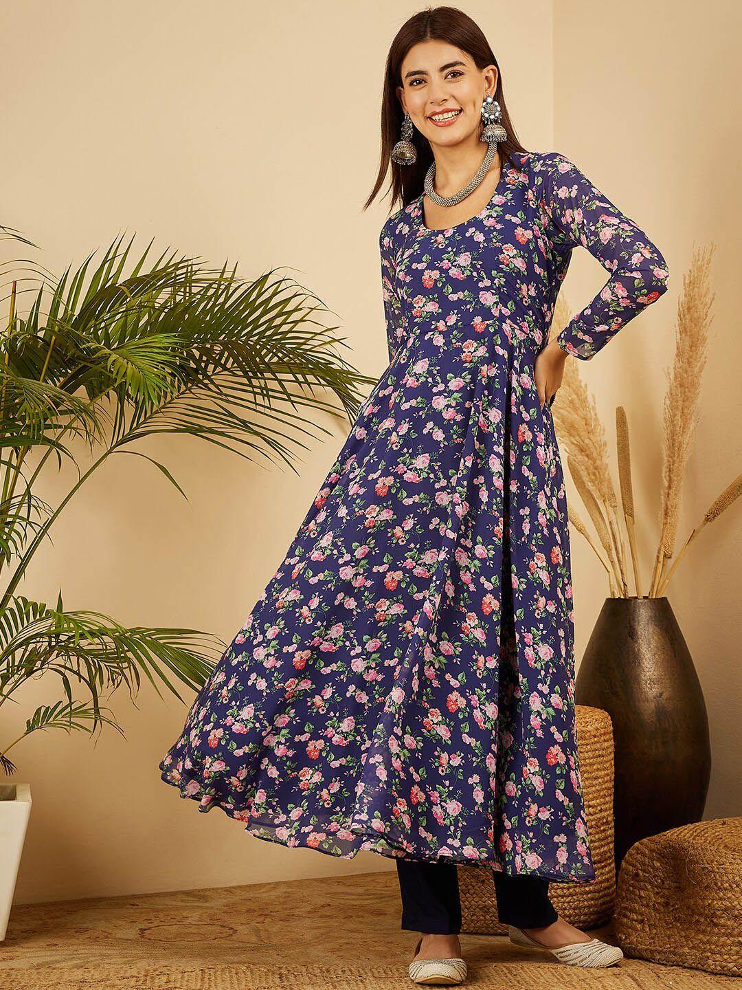 black scissor floral printed georgette a-line kurta