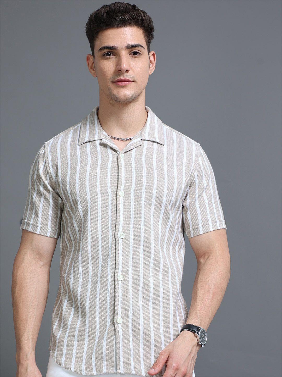 here&now slim fit vertical striped cuban collar cotton casual shirt