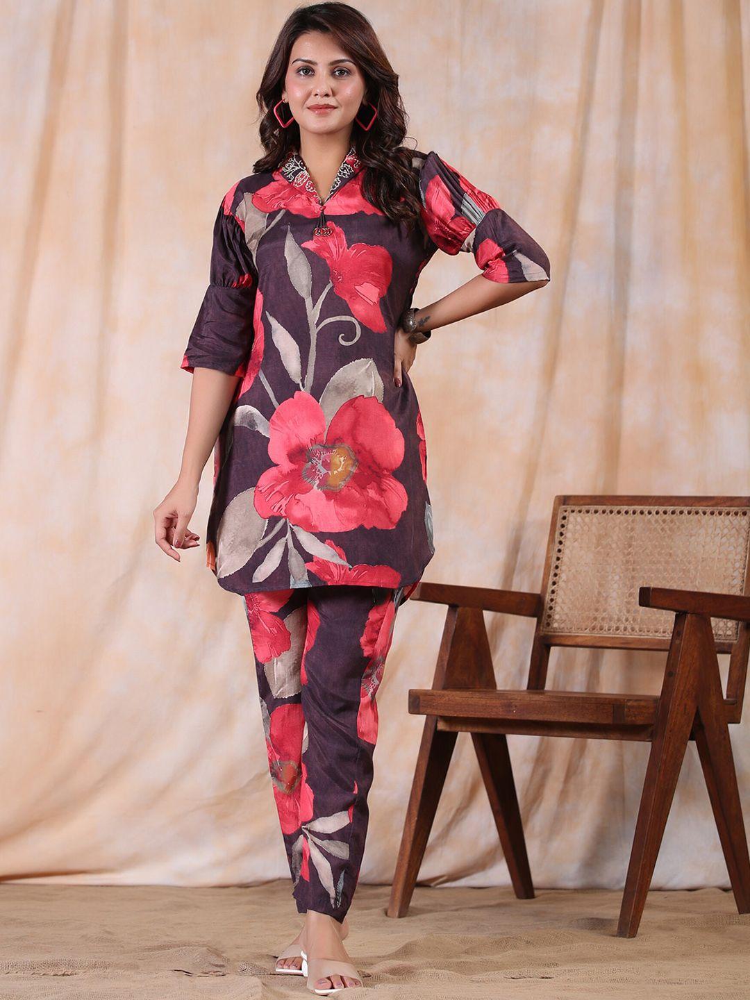 jisora floral printed shirt collar puff sleeve beads & stones pure silk kurta with trouser