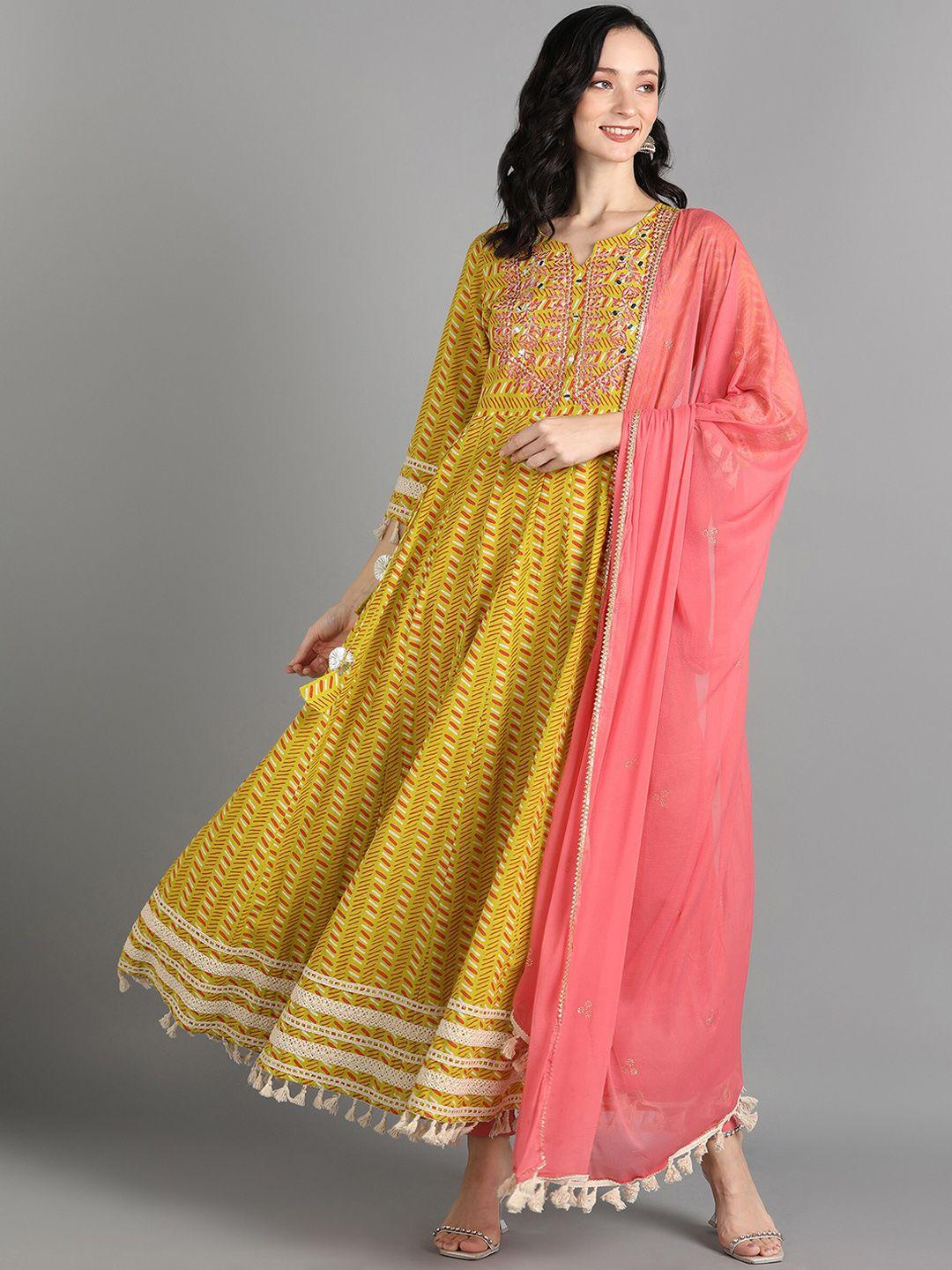 kalini ethnic motifs printed thread work pure cotton anarkali kurta & trouser with dupatta