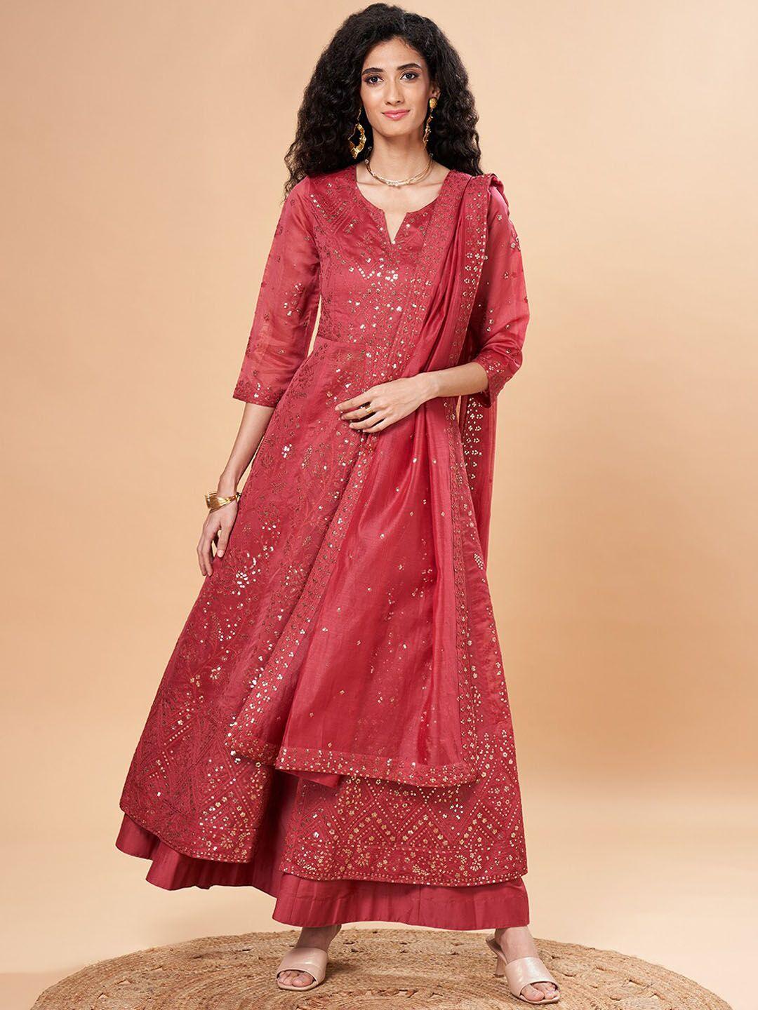 marigold lane ethnic motifs embroidered a-line kurta with skirt & with dupatta