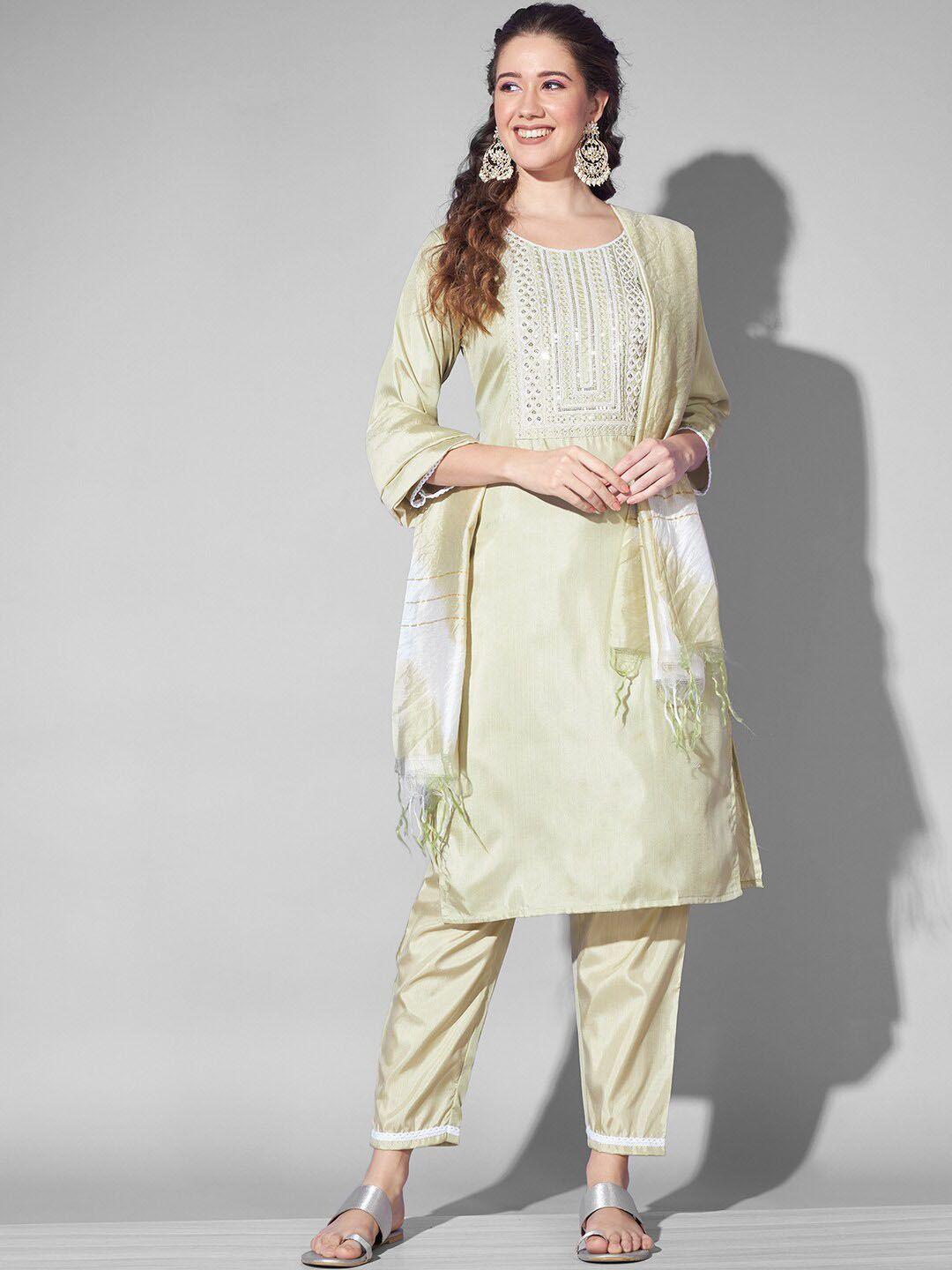 anouk green ethnic motifs yoke design pure silk straight kurta & trouser with dupatta