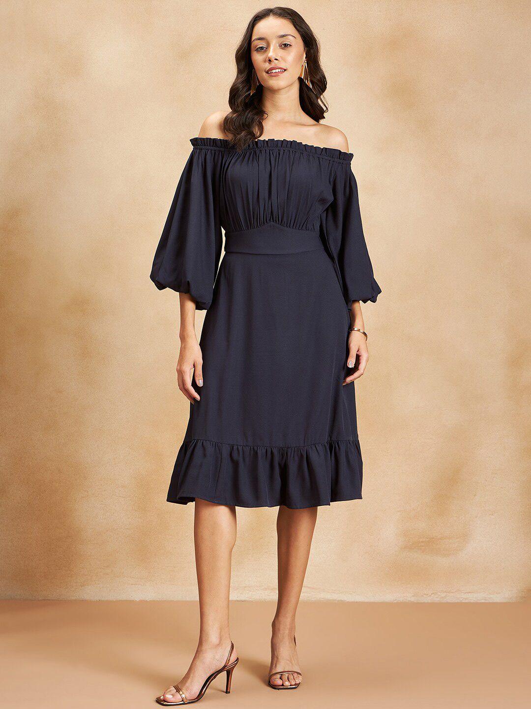 femella off-shoulder puff sleeve gathered fit & flare dress