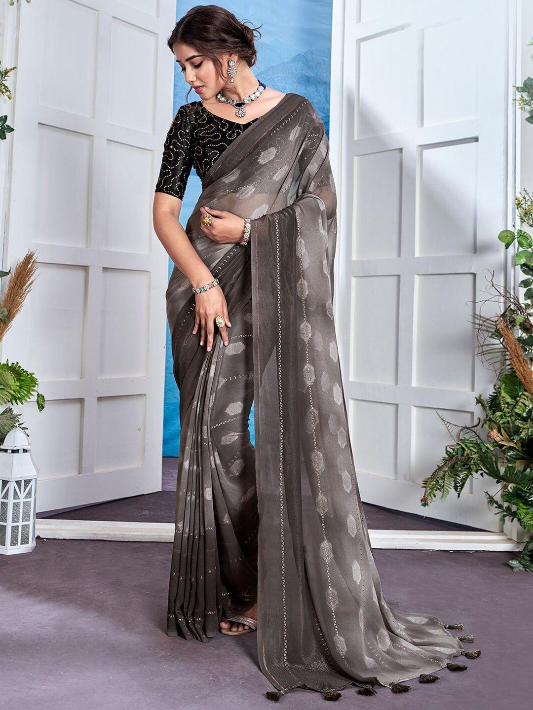 anouk grey & white geometric printed pure georgette saree