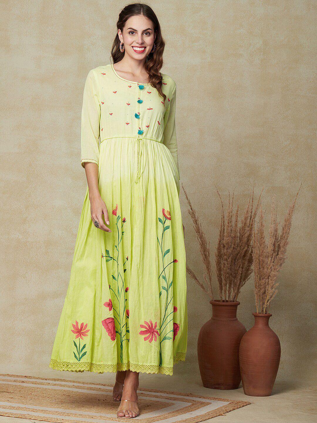 fashor floral printed embroidered cotton maxi dress