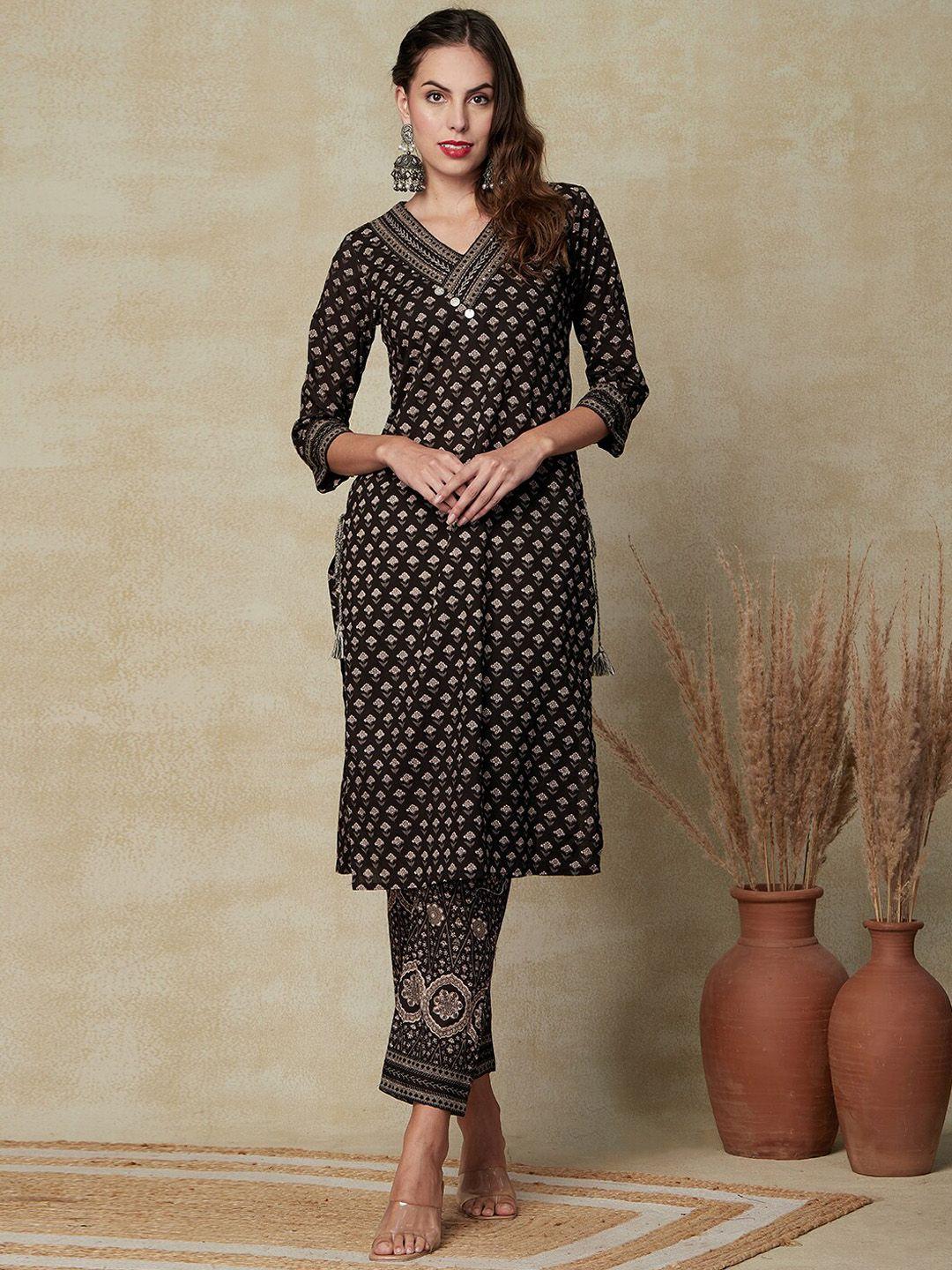 fashor ethnic motifs printed regular beads and stones pure cotton kurta with trousers