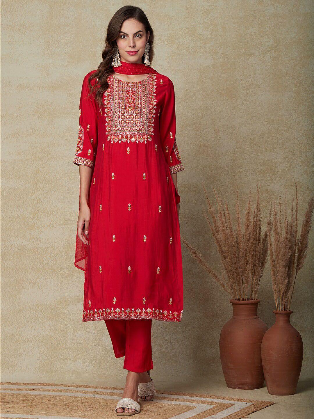 fashor ethnic motifs embroidered regular mirror work kurta & trousers with dupatta