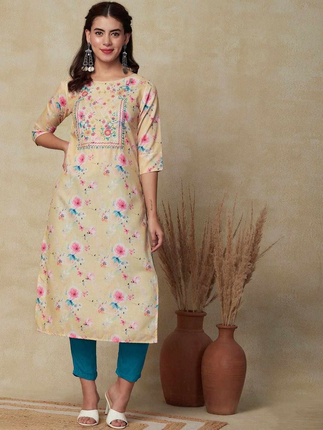 fashor floral printed thread work kurta