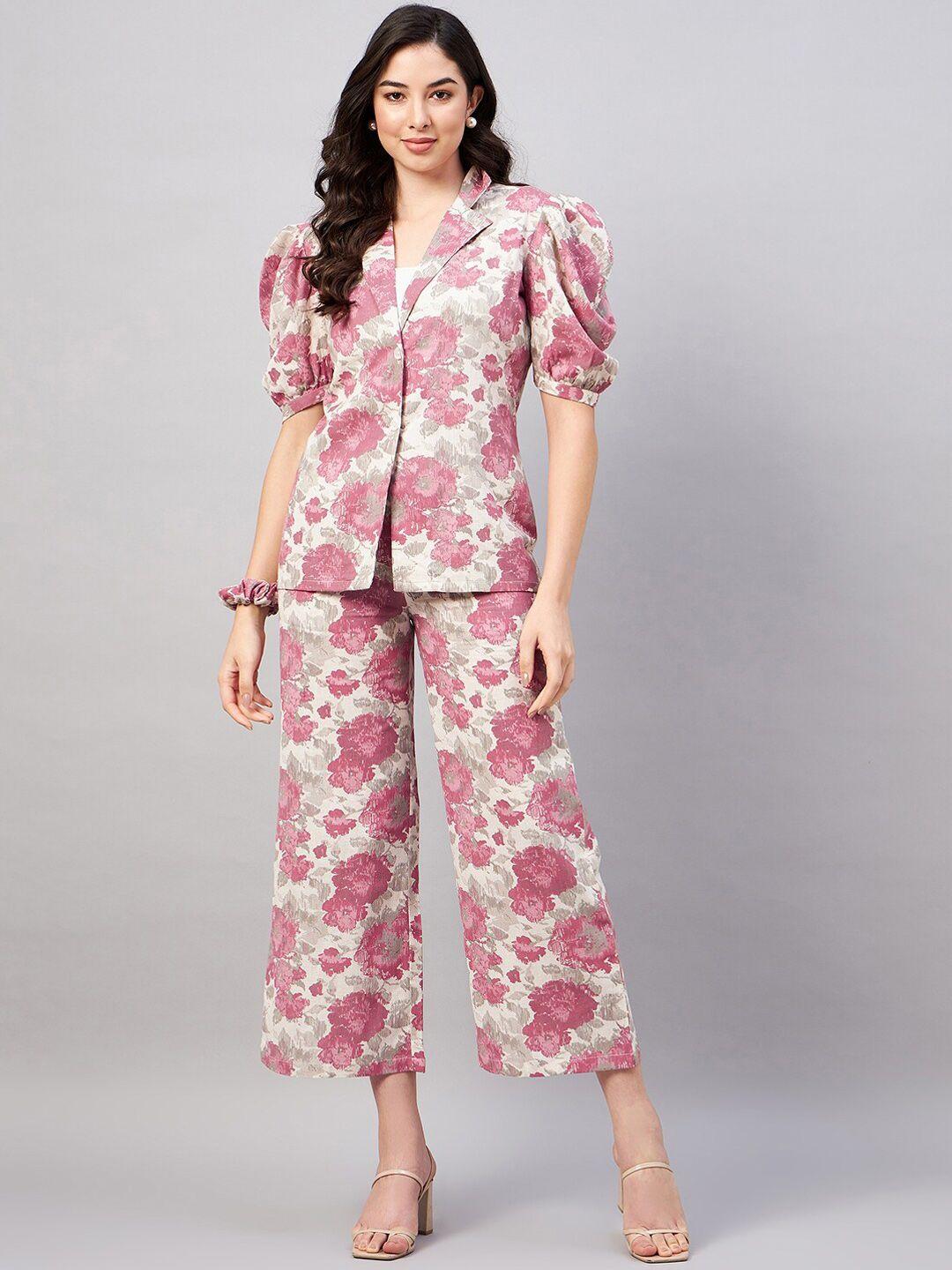 winered printed puff sleeves blazer with trouser