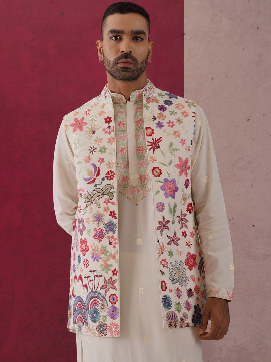 kalpraag floral embroidered mandarin collar georgette kurta with trousers & jacket