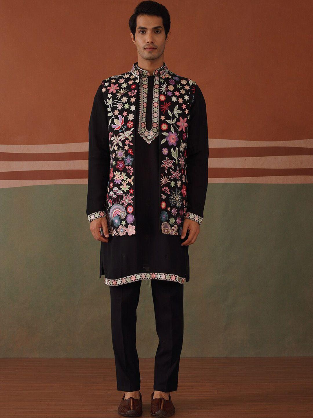 kalpraag floral yoke design regular straight kurta with pyjamas with embroidered jacket