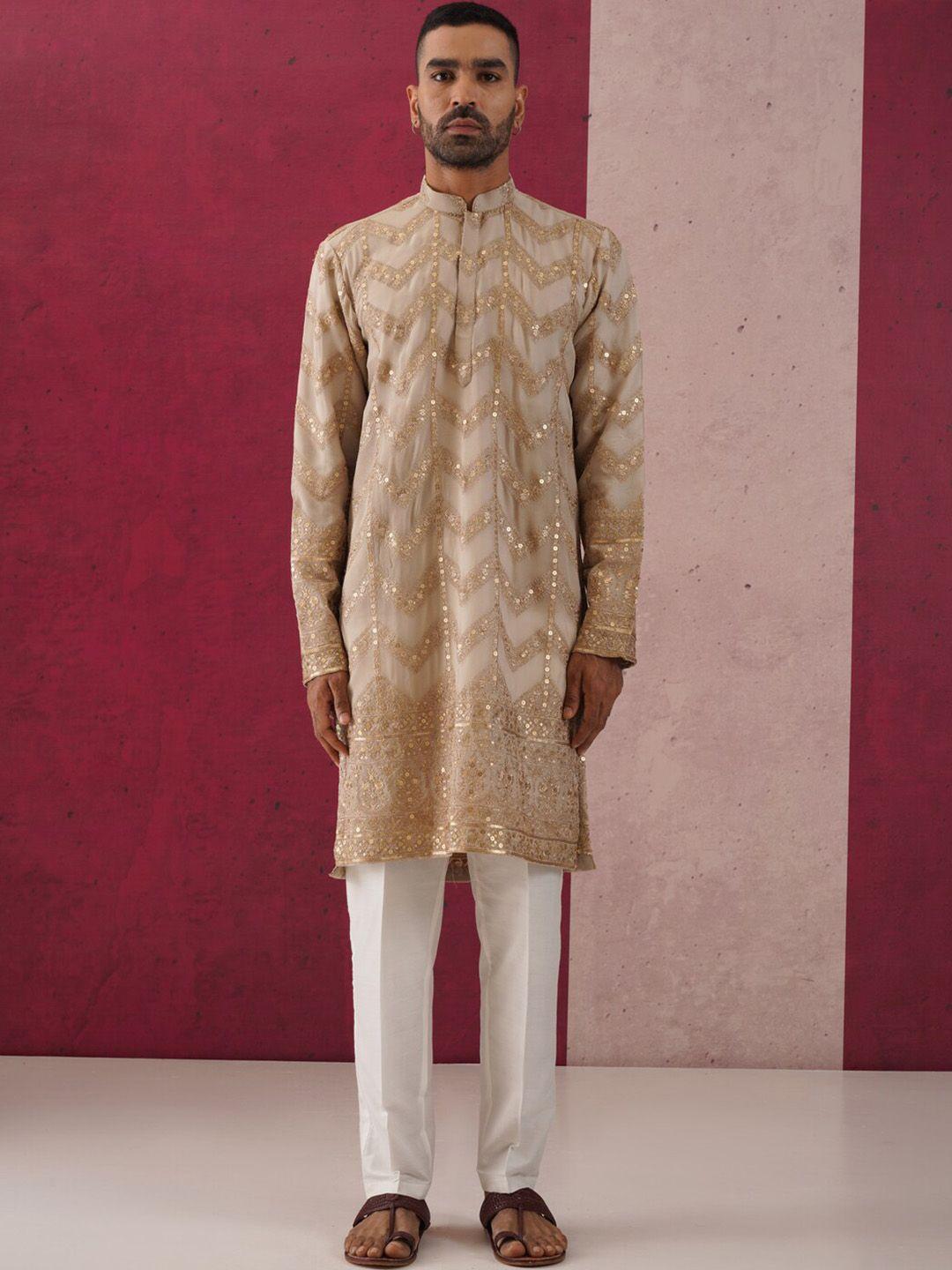 kalpraag geometric embroidered mandarin collar sequinned georgette kurta with trousers