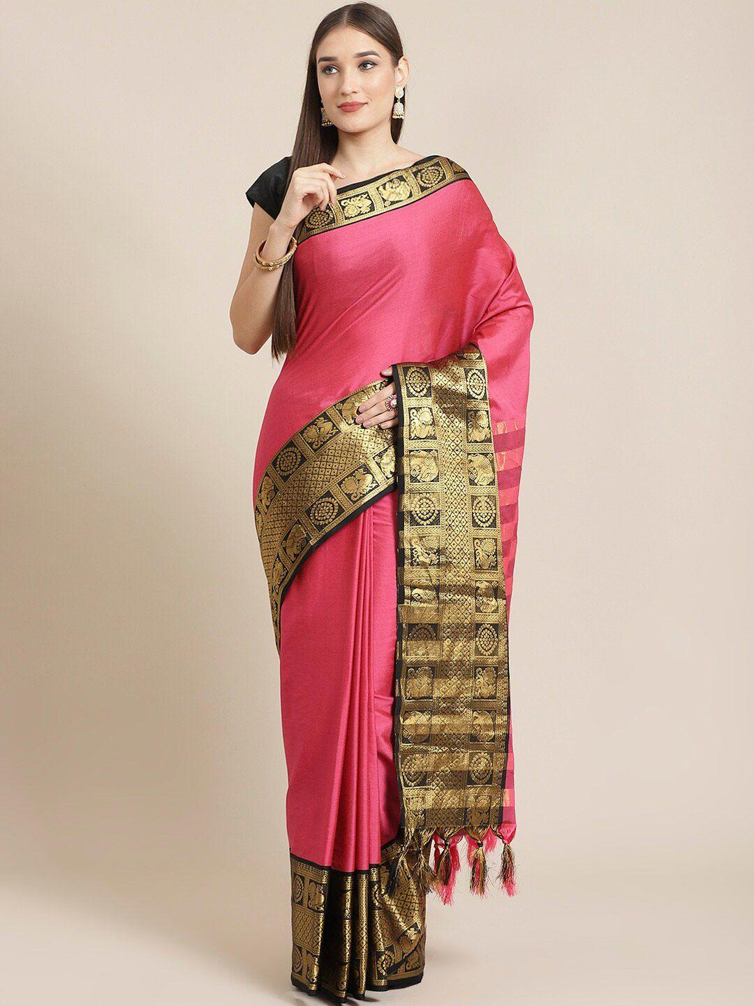 mitera pink & black ethnic motifs woven design zari banarasi saree