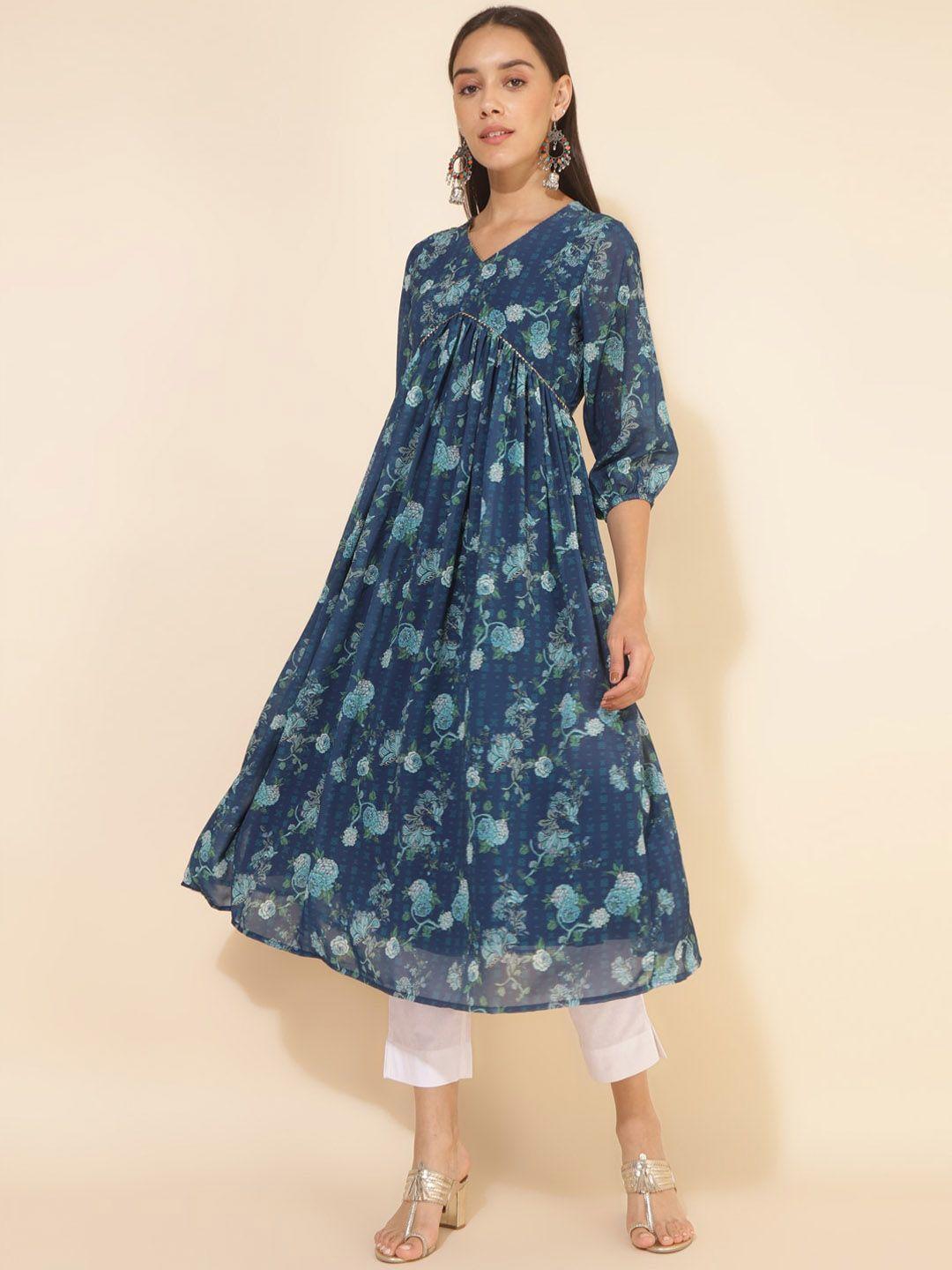 janasya floral printed v-neck puff sleeves gotta patti georgette empire anarkali kurta