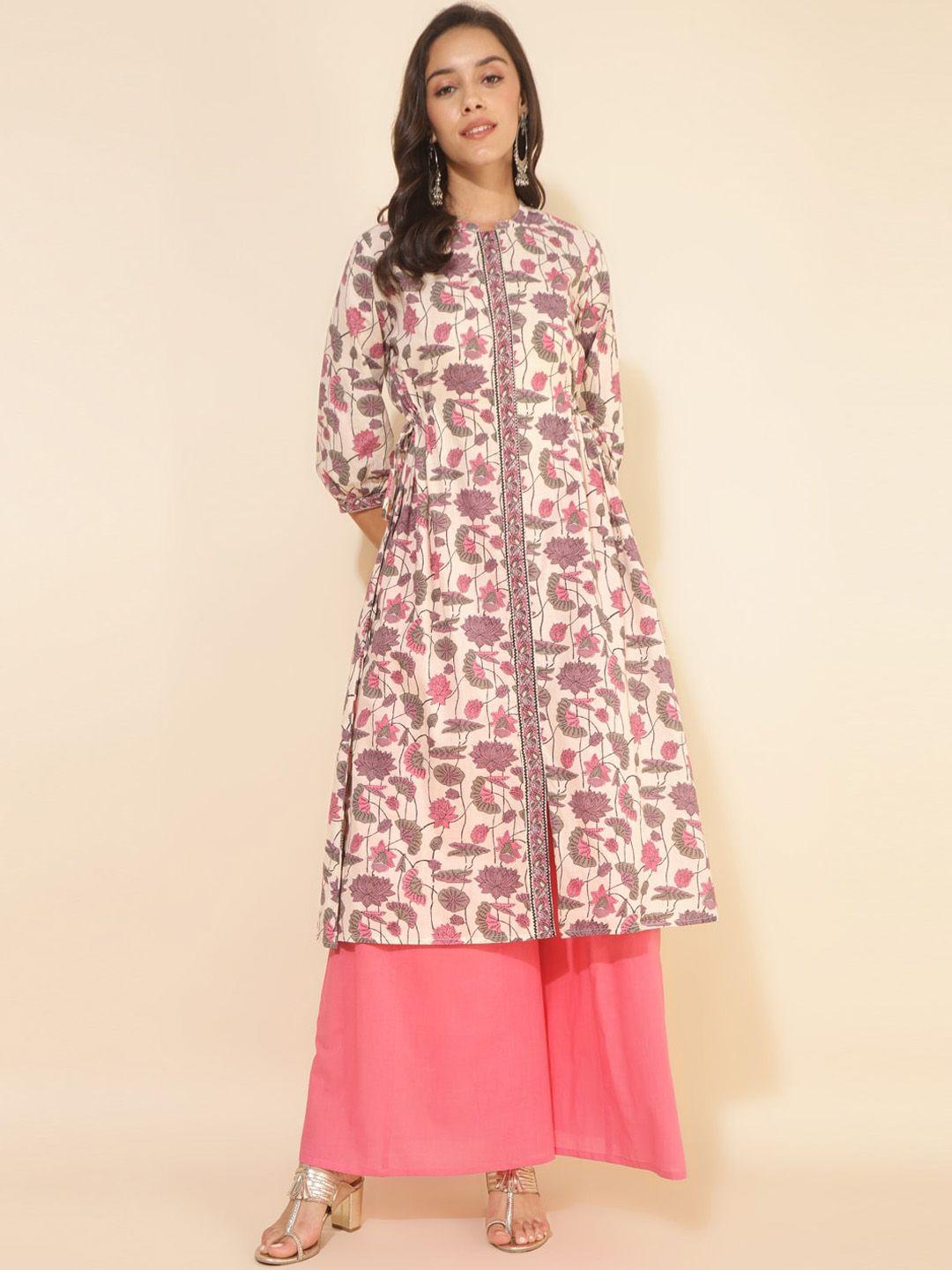 janasya floral printed mandarin collar high slit cotton a-line kurta