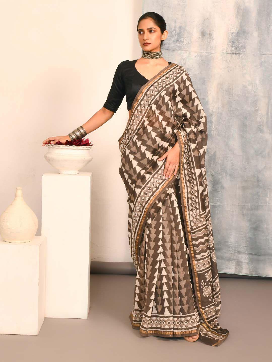 indethnic geometric printed zari silk cotton bagru saree