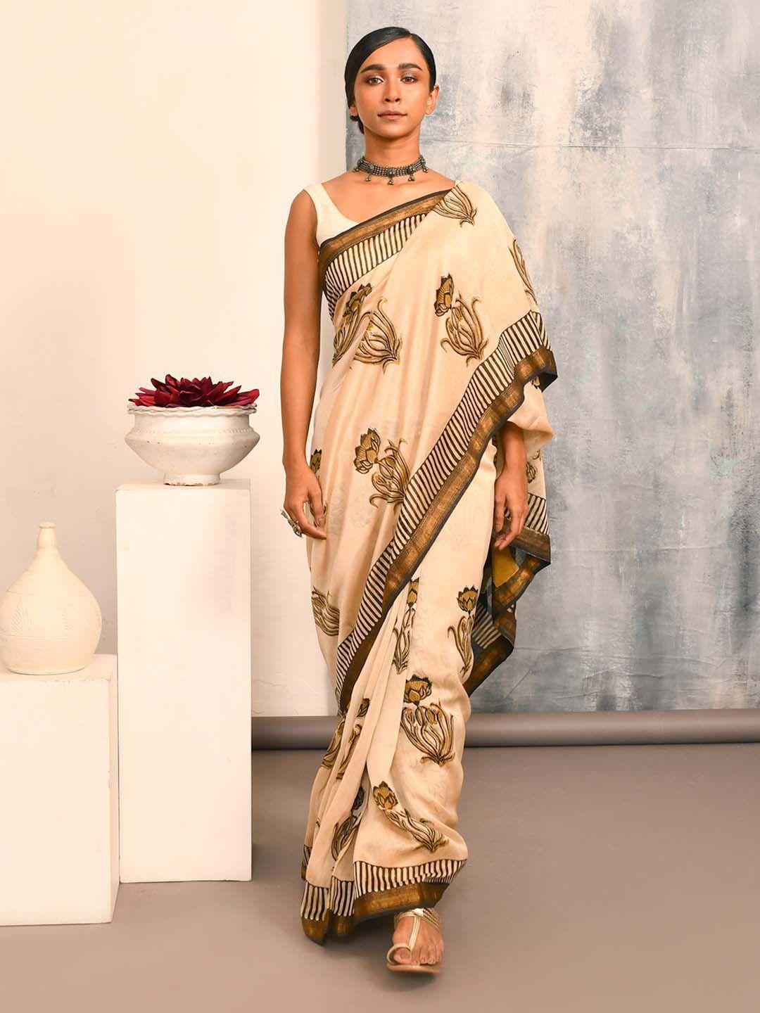 indethnic floral printed zari silk cotton bagru saree