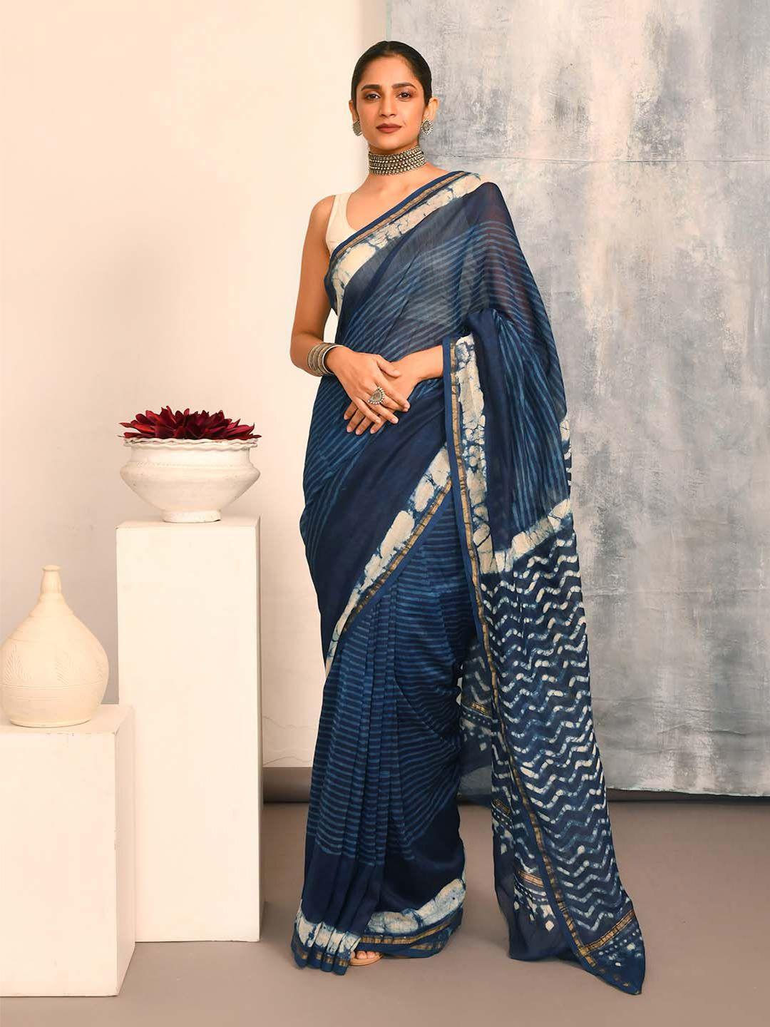 indethnic striped zari silk cotton bagru saree