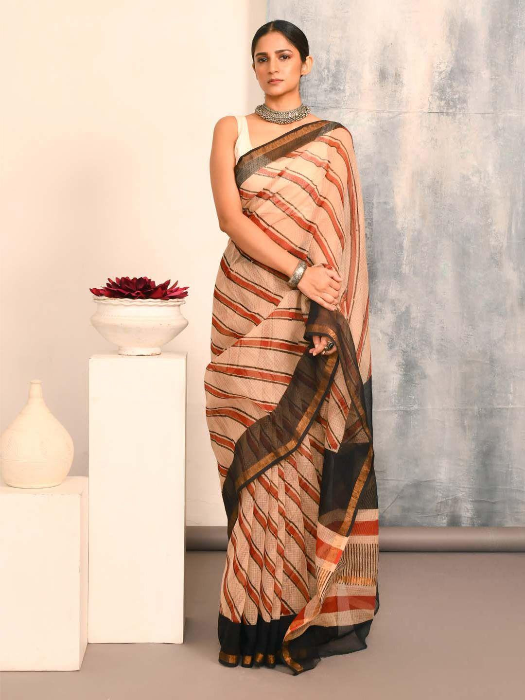 indethnic striped zari silk cotton bagru saree